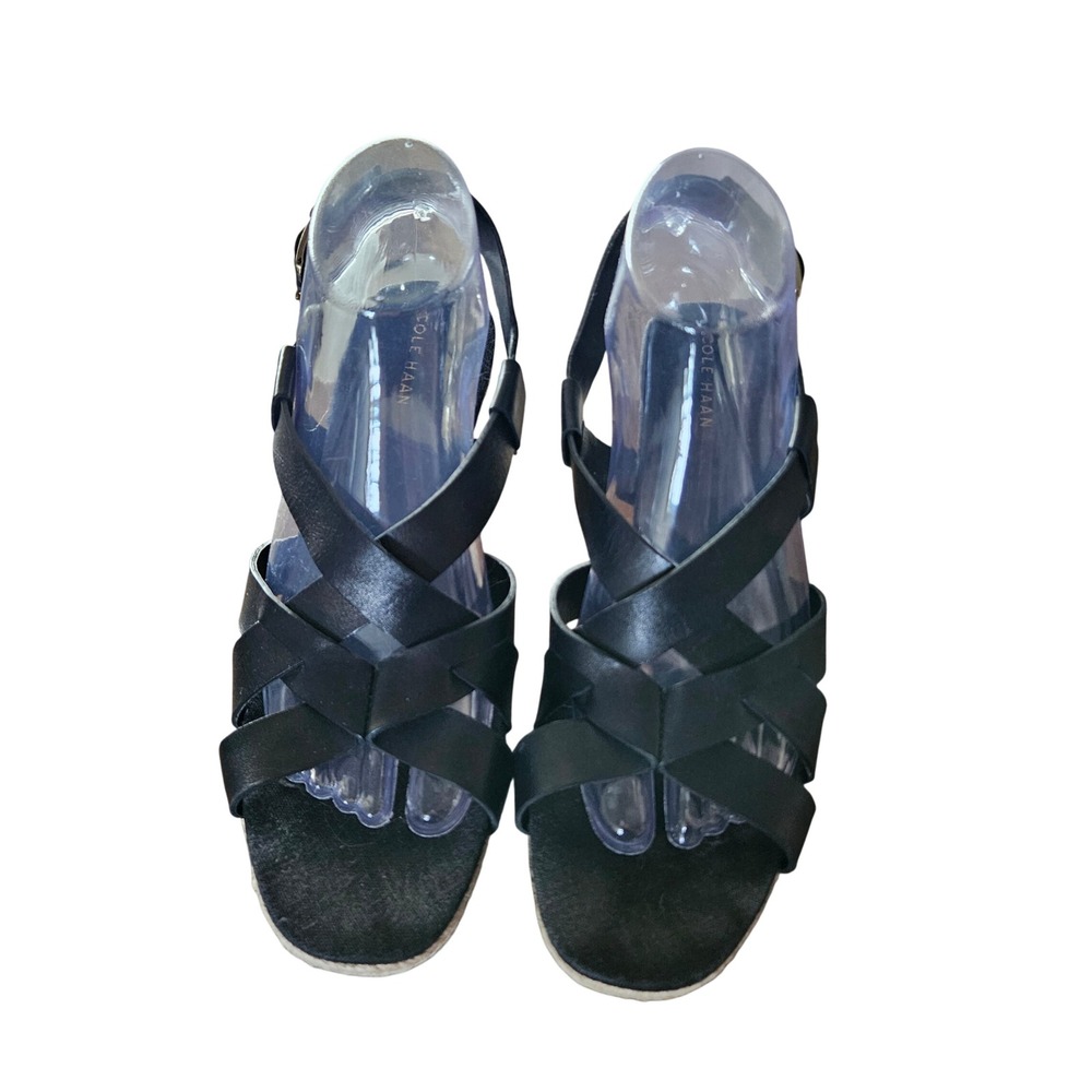 Cole Haan Black Leather Espadrille Wedge Sandals Ankle Strap Women's 8.5B